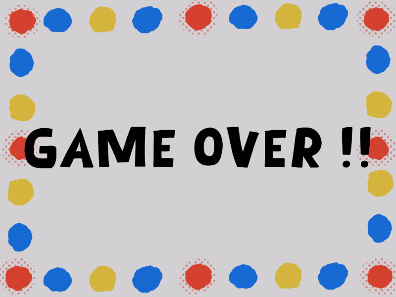 screenshot showing the words ‘game over’ with a border of red, blue and yellow blobs