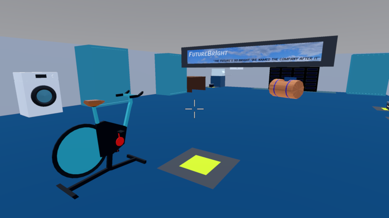 screenshot of a first-person 3d game, showing an exercise bike, a gym bag, some cabinets and a digital sign advertising the ‘future bright’ company